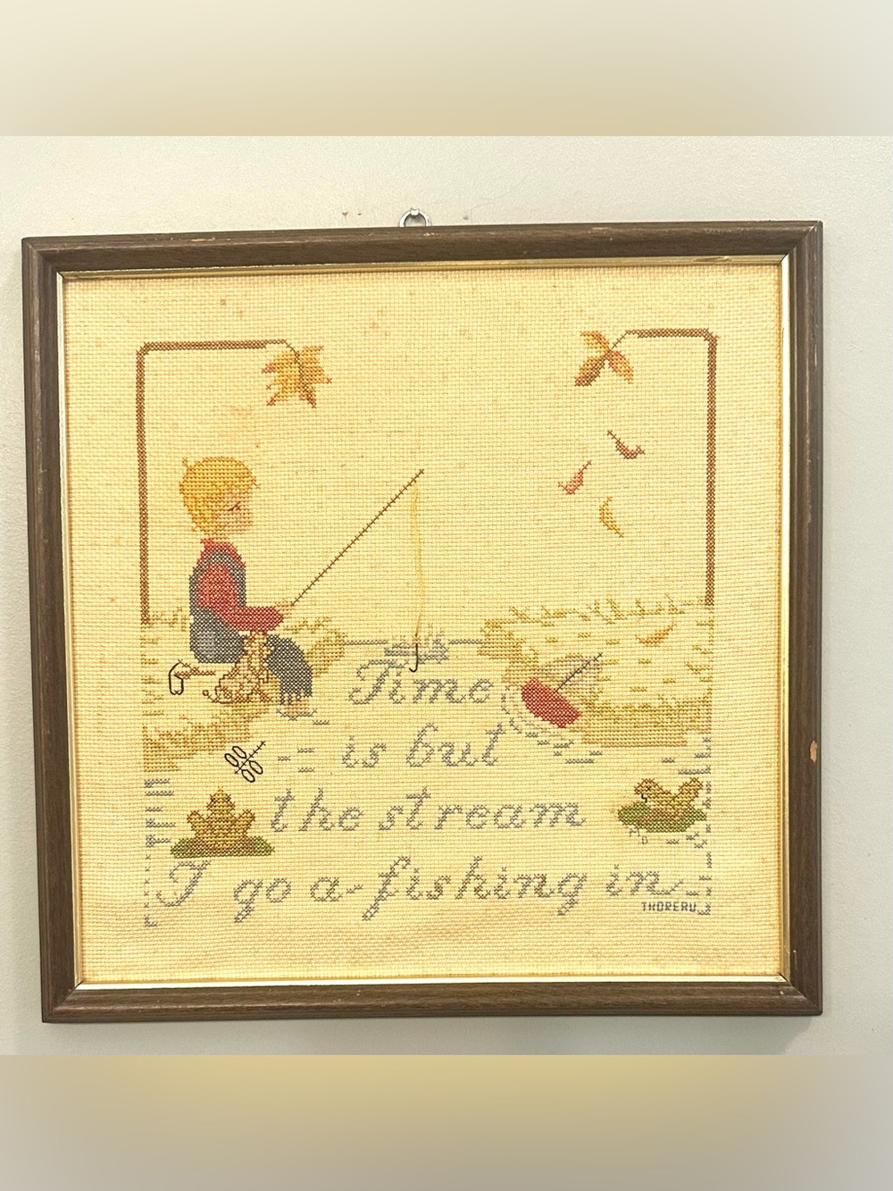 Vtg Framed Handmade Counted Cross-Stitch "Time Is But the stream I go a-fishing" - Picture 4 of 7
